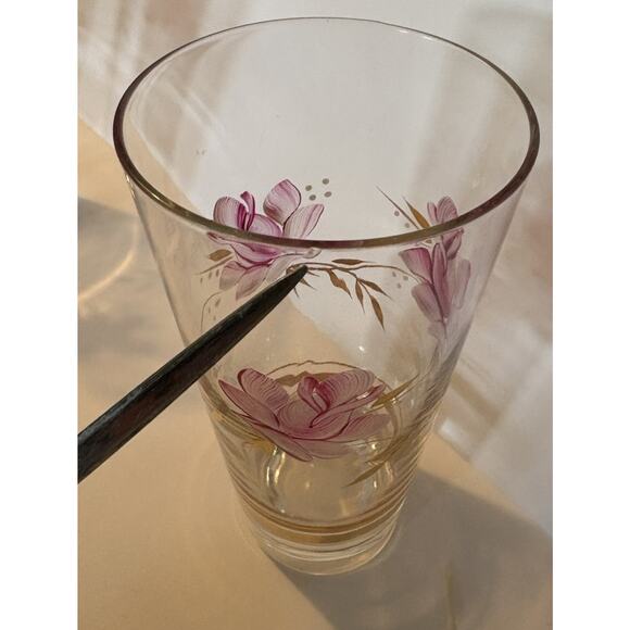 3 Vintage Hand Painted Drinking Glasses Purple Flowers Gold Leaves Tumbler - Picture 3 of 16